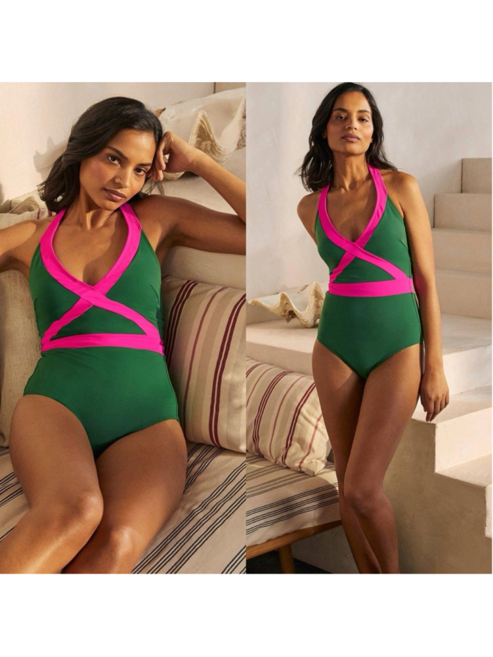 Boden Kefalonia Swimsuit Pink Green Tummy Control Padded Halter Neck 16/18